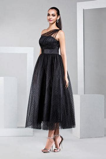 Tea Length One Shoulder Polka Dot Tulle Black Prom Dress Jdk253051