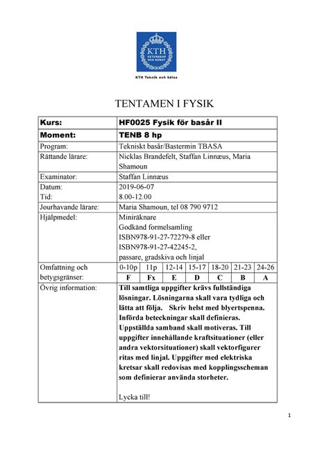 TENB 2019 06 07 Gammal tenta Fysik II för basår TENTAMEN I FYSIK