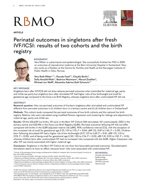 Pdf Perinatal Outcomes In Singletons After Fresh Ivf Icsi A Cohort