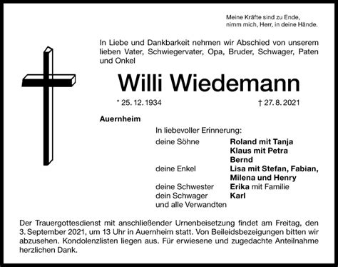 Traueranzeigen Von Willi Wiedemann Trauer Nn De