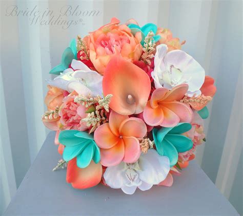 Tropical Wedding Bouquet Coral Peach Turquoise Bouquet Beach Etsy