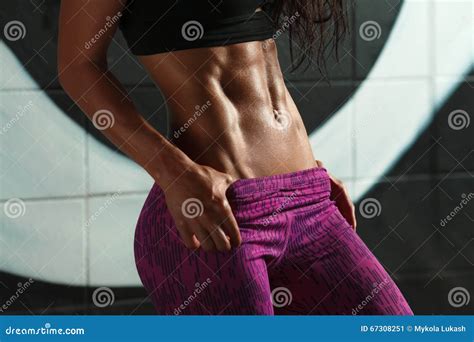 Fitness Woman Showing Abs And Flat Belly Beautiful Muscular Girl Shaped Abdominal Slim Waist