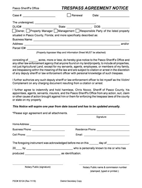 Trespass Agreement Notice Pasco County Sheriff S Office Fill And Sign Printable Template