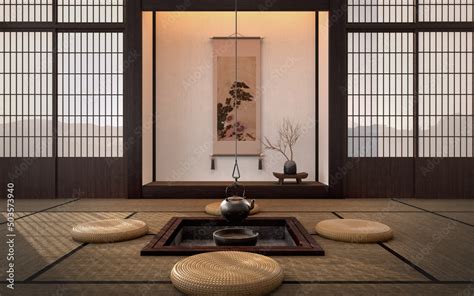 Traditional Japanese Tea Room Interior With Tatami Mats And Sun Light