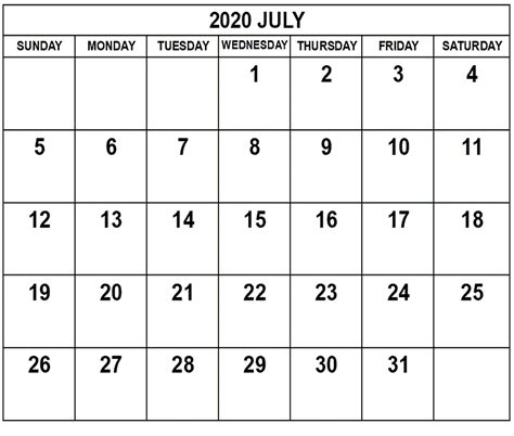 Free Blank July 2020 Calendar Template - Free Printable Blank Holidays ...