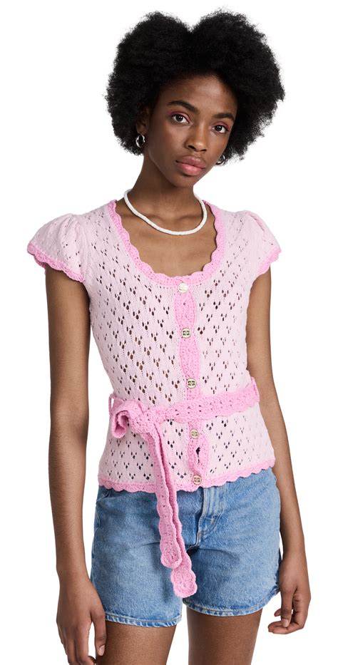 Ganni Lace Short Sleeve Cardigan In Pink Modesens