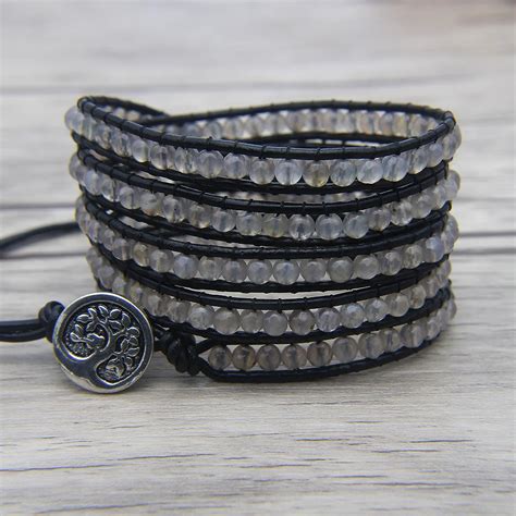 Facted Grey Bead Jewelry Leather 5 Wrap Beaded Bracelet Grey Beads