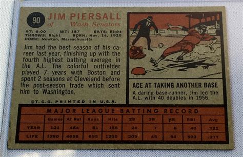 Lot Topps Jim Piersall Washington Senators Baseball Card