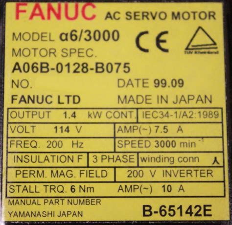 A06B 0128 B075 Fanuc AC Servo Motor A6 3000 A64 Pulse 114V 200Hz 3PH