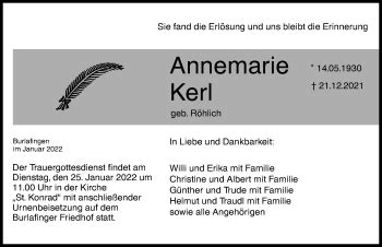 Traueranzeigen von Annemarie Kerl Allgäuer Zeitung