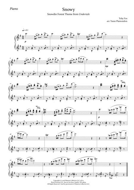 Snowy From Undertale Arr Taran Plamondon By Toby Fox Sheet Music