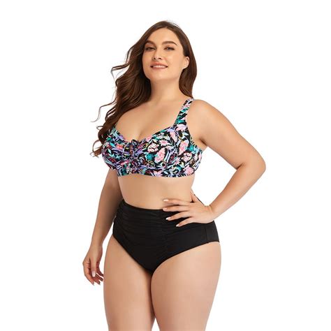 Plus Size High Waist Floral Print Bikini Swimsuits For Women Piece