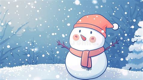 Cute Kawaii Winter Snowman with Snowing Background Stock Photo - Image of cheerful, december ...