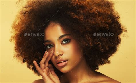 Beauty Portrait Of Smiling African American Woman With Beautiful Afro Hairstyle Curly Brown