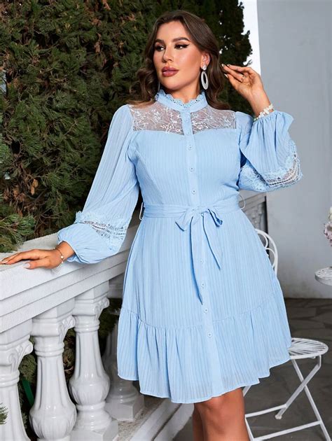 Simplee Plus Contrast Lace Ruffle Hem Belted Shirt Dress Shein Usa