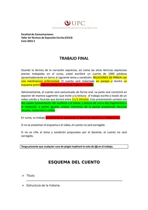 Indicaciones y rúbrica del TF 2023 2 Facultad de Comunicaciones