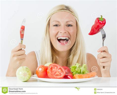 Happy Woman Eating Fresh Vegetable Stock Image Image Of Attractive