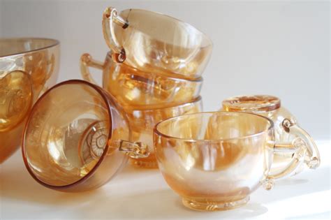 Vintage Egg Nog Set Carnival Glass Punch Bowl Cups Jeannette Marigold Iridescent Luster Color