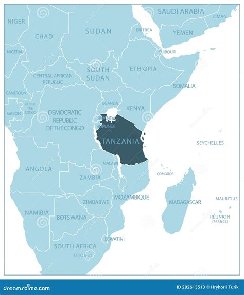 Tanzania Blue Map With Neighboring Countries And Names Stock