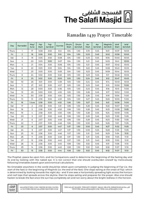 Ramadan 1439 Prayer Timetable The Salafi Masjid