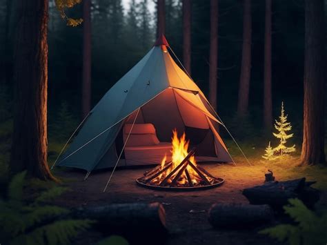 Premium AI Image Tent In A Forest With A Camp Fire Generative AI