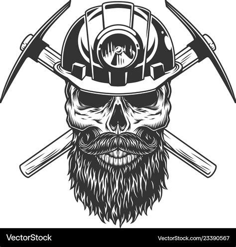 Bearded and mustached miner skull Royalty Free Vector Image