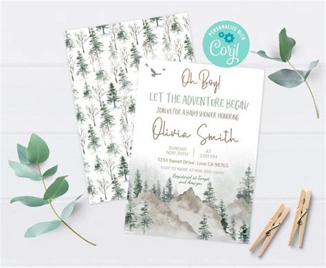 Let The Adventure Begin Baby Shower Invitation Mountains Baby Shower