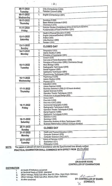 FBISE HSSC 2nd Annual Date Sheet 2022 Part I Part II Exam Pkstudys