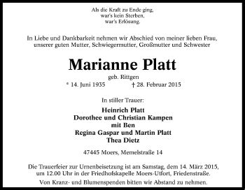 Traueranzeigen Von Marianne Platt Trauer In Nrw De