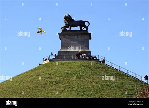 The Lion's Mound at Waterloo Belgium with Ultralight plane in ...