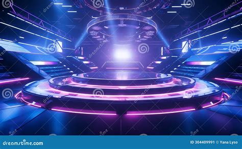 Modern Futuristic Concert Stage With Dynamic Neon Blue Purple