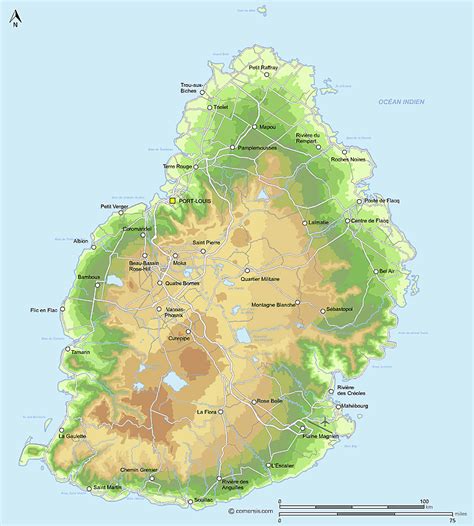 Physical map of Mauritius Island