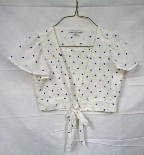 Womens American Eagle White Blue Polka Dot Open Front Midriff Blouse W