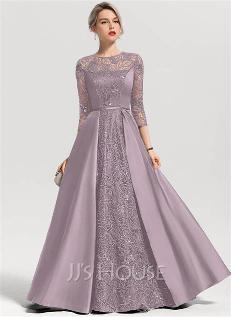 Us 15700 A Line Scoop Illusion Floor Length Satin Lace Evening Dress With Sequins Jjs