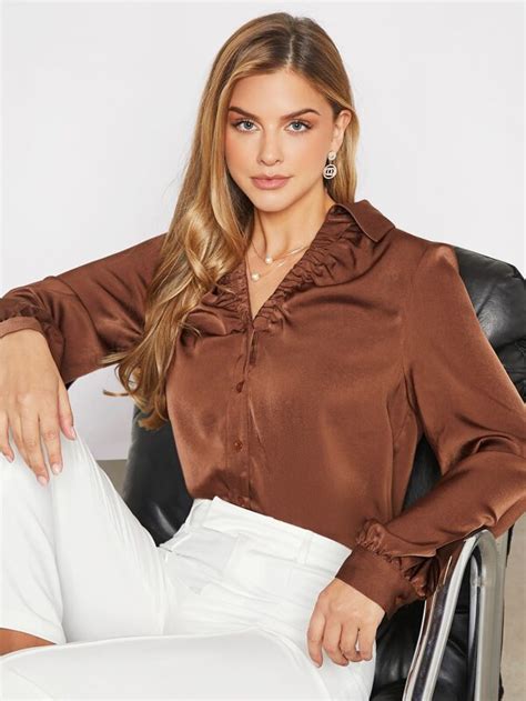 Shein Bizwear Ruched Front Lantern Sleeve Satin Shirt Shein Usa