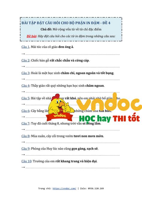 Bộ bài tập đặt câu hỏi cho bộ phận in đậm trong câu lớp 2 Số 1