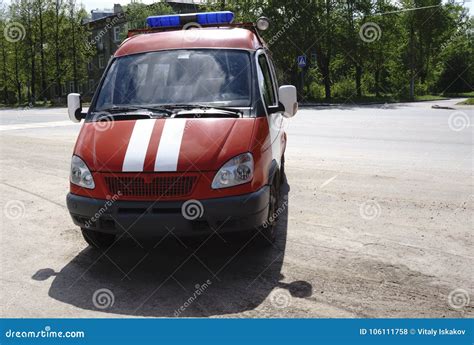 Red Fire Truck with Flashing Lights Stock Photo - Image of alarm, road ...