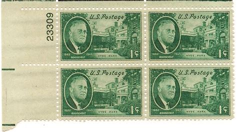 Roosevelt Stamps Plate Block Green 1 Cent Stamps Hyde Park