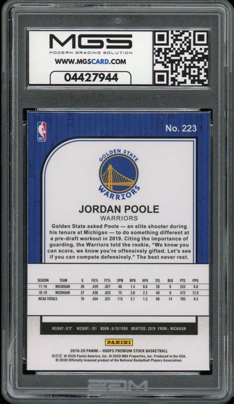 2019 Panini Hoops Premium 223 Jordan Poole MGS GRADED 10 Gem Mint