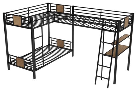 Gewnee L Shaped Twin Over Twin Metal Bunk Bed With Desk In Black Industrial Bunk Beds By