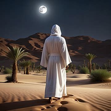 A Muslim Man Wearing White Dress Standing On Desert And Watching Big