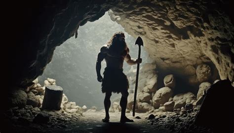 Premium Photo A Man Stands In A Cave With A Spear In His Hand