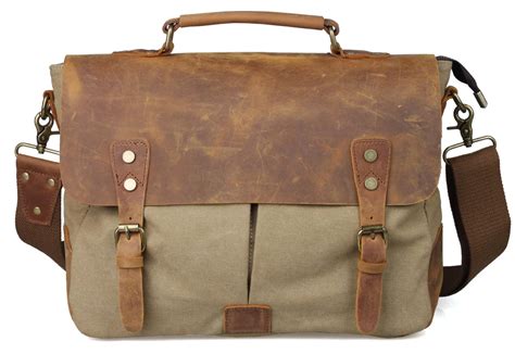 Tiding Leather Canvas Messenger Bag For Men Long Strap Crossbody Laptop Bag Magnetic Buckle