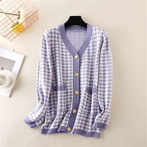 Cheap Women Houndstooth Knitted Cardigans V Neck Single Breasted Full