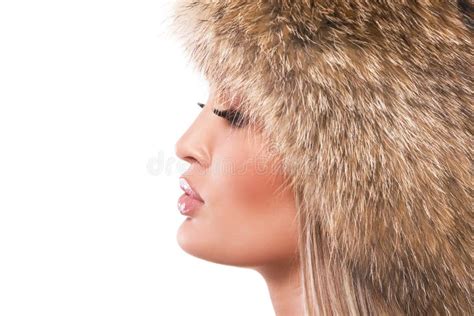 Woman In White Fur Coat And Hat Stock Photo Image Of Beauty Makeup