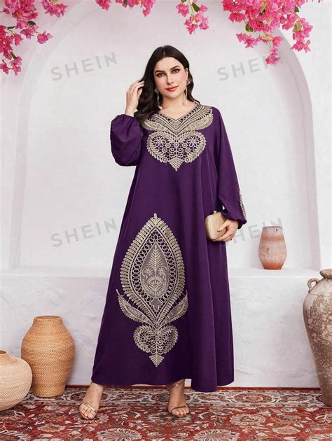 Shein Najma Plus Size Women S Embroidered Lantern Sleeve A Line Arabian