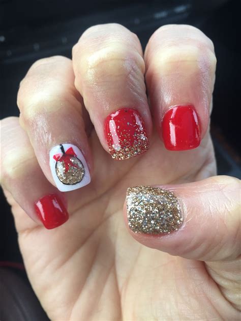 Christmas Red Sns Nail Designs Christmas Ornament Gold Glitter Sns