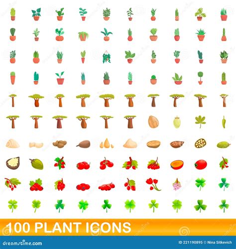 100 Plant Icons Set Cartoon Style Stock Vector Illustration Of Plant Digitata 221190895