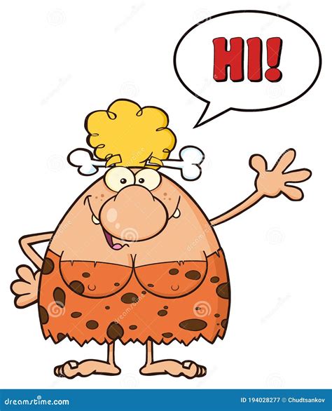 Happy Blonde Cave Woman Cartoon Mascot Character Waving And Saying Hi