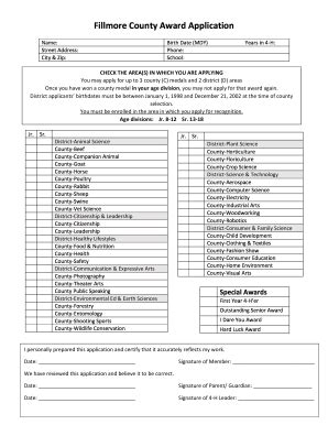 Fillable Online Fillmore County Award Application Fax Email Print